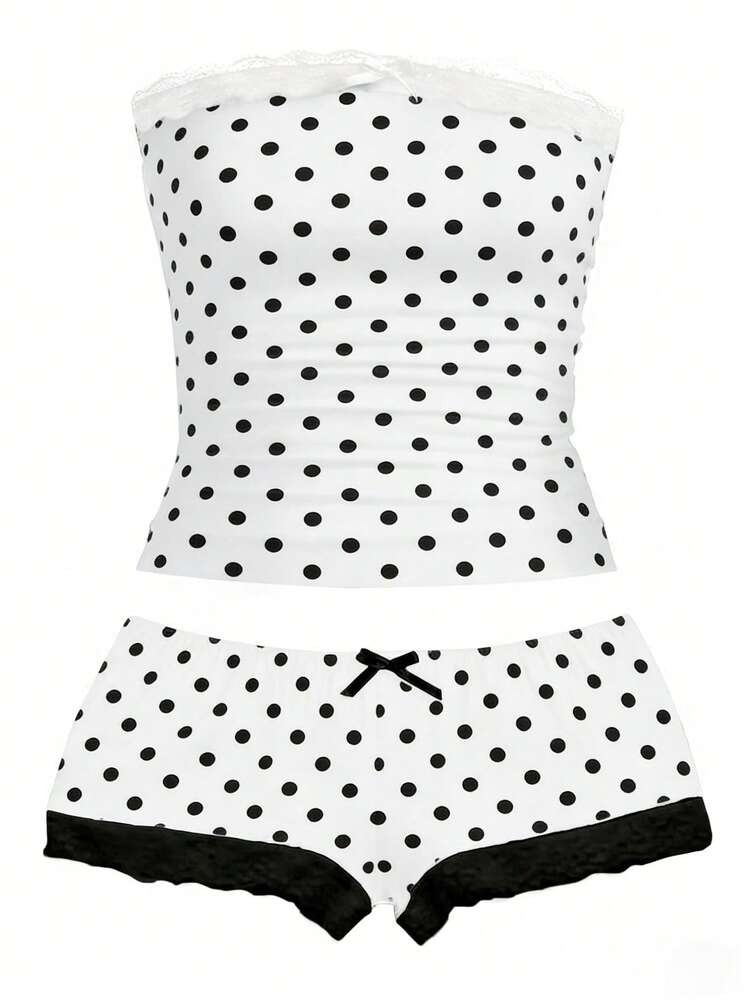 Franclia 2pcs/Set Summer Casual Polka Dot Print Tube Top And Shorts | SHEIN