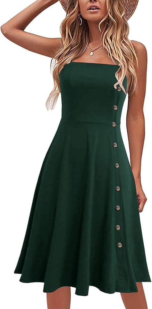 Women's Casual Summer Beach Flattering Flowy A-Line Spaghetti Straps Solid Cotton Button Down Mid... | Amazon (US)