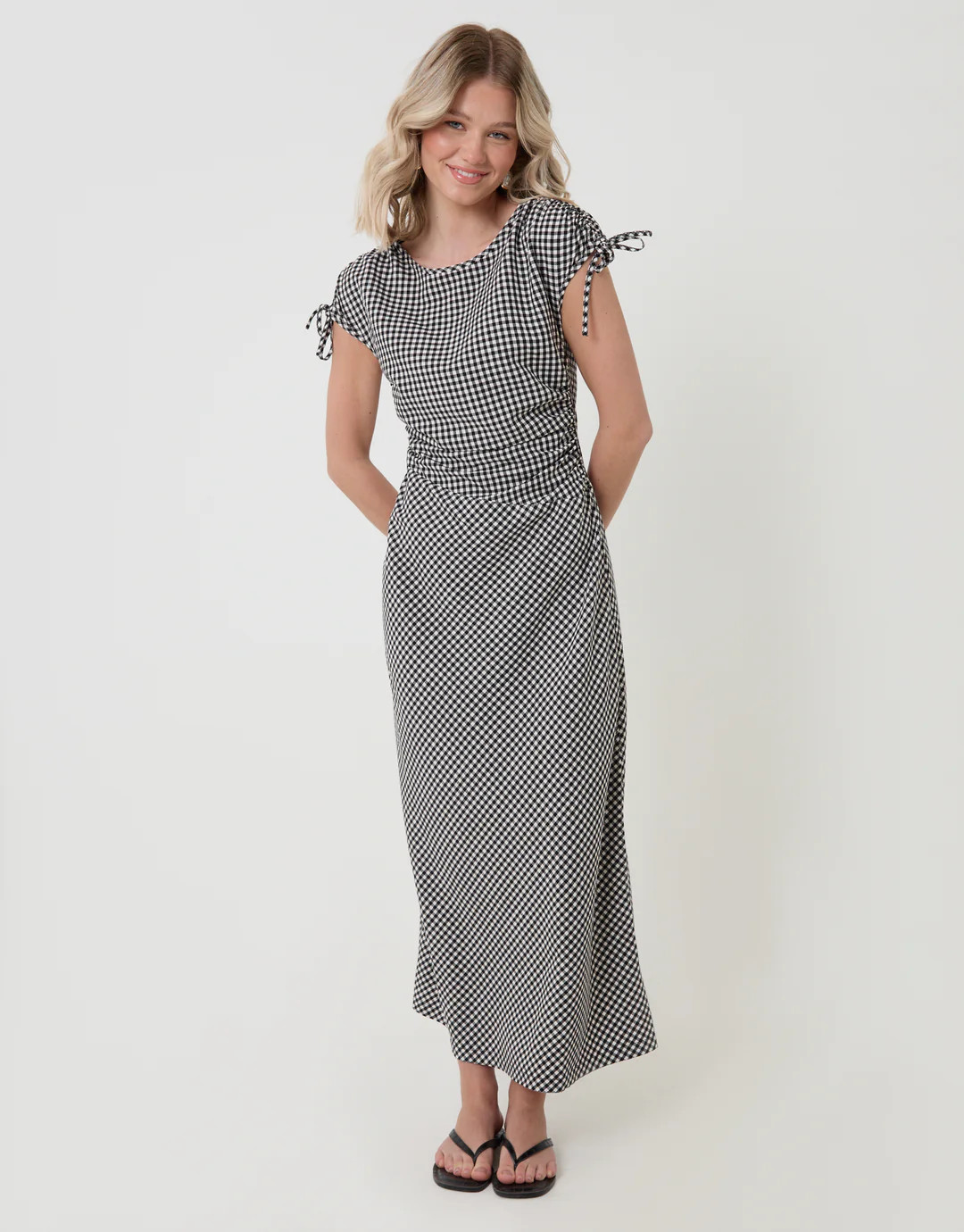 Ruched Midi Dress with Shoulder Tie Details in Mono Gingham | Threadbare UK