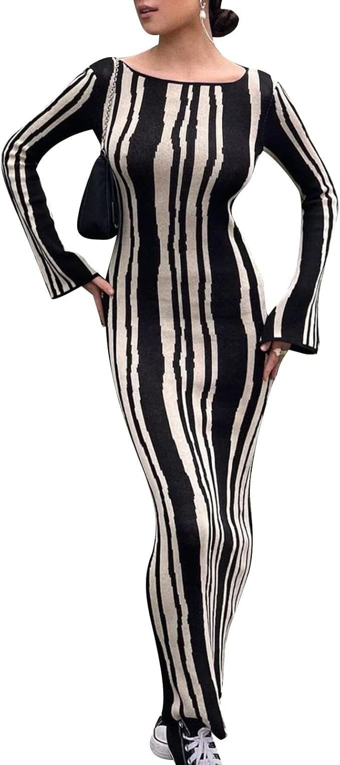 SOOKABEILA Women's Sexy Long Maxi Dress Ribbed Knit Y2k Backless Bodycon Dress Cutout Casual Slim... | Amazon (US)