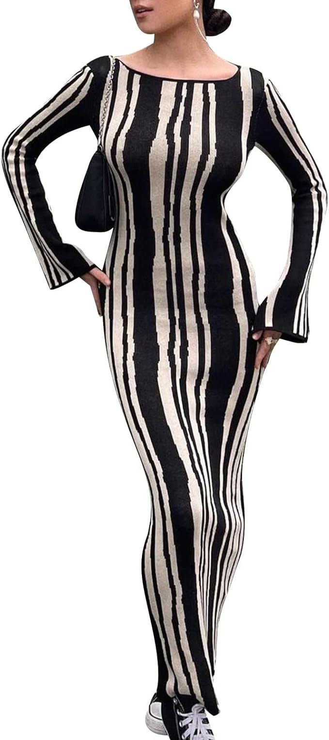 SOOKABEILA Women's Sexy Long Maxi Dress Ribbed Knit Y2k Backless Bodycon Dress Cutout Casual Slim... | Amazon (US)
