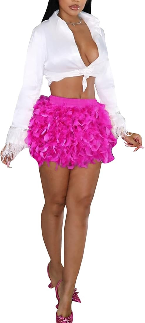 MESLIMA Women's Sexy Mini Skirt Solid Feather Slim Stretch Club Party Short Skirts | Amazon (US)