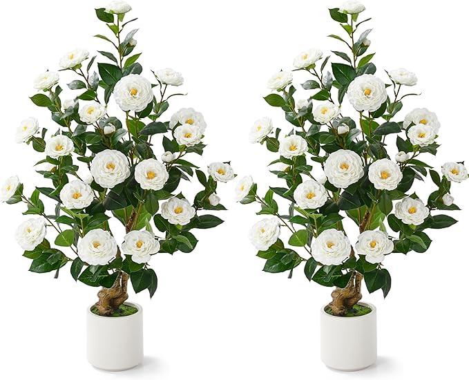 2 Pcs Artificial Camellia Tree, 38" Artificial Tree Plants Outdoor Faux Plants in Pot, Artificial... | Amazon (US)
