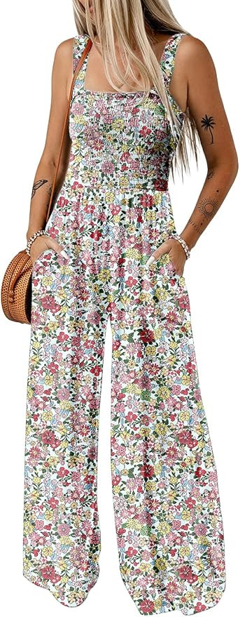 Dokotoo Women's Casual Loose Overalls Jumpsuits One Piece Sleeveless Printed Wide Leg Long Pant R... | Amazon (US)