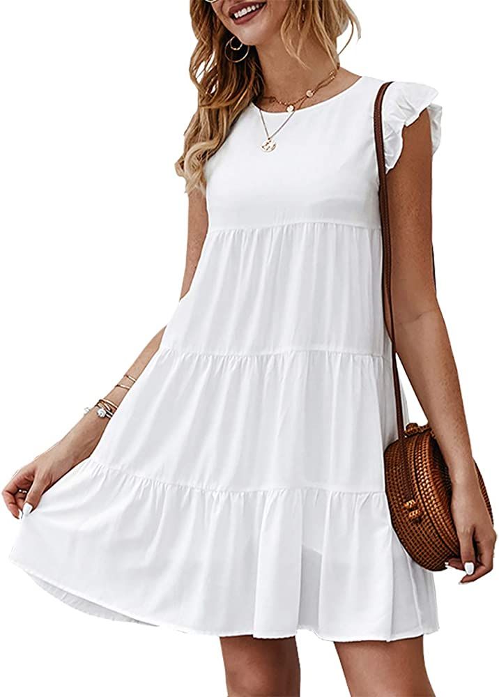 Amazon.com: KIRUNDO 2021 Women’s Summer Mini Dress Sleeveless Ruffle Sleeve Round Neck Solid Co... | Amazon (US)