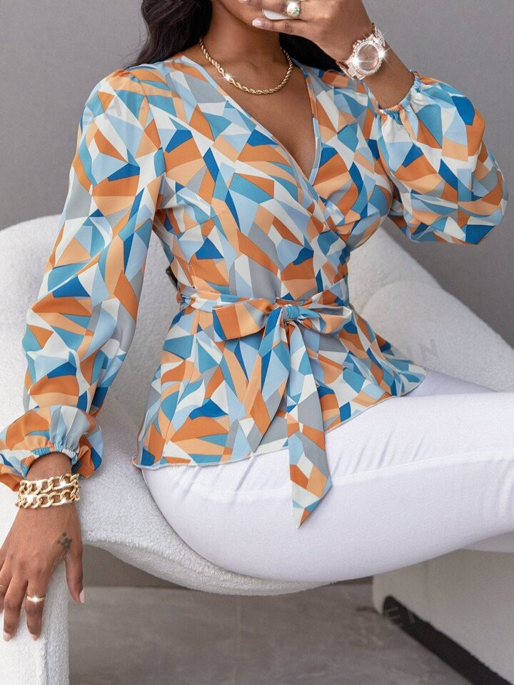 SHEIN Clasi Random Geo Print Belted Blouse | SHEIN