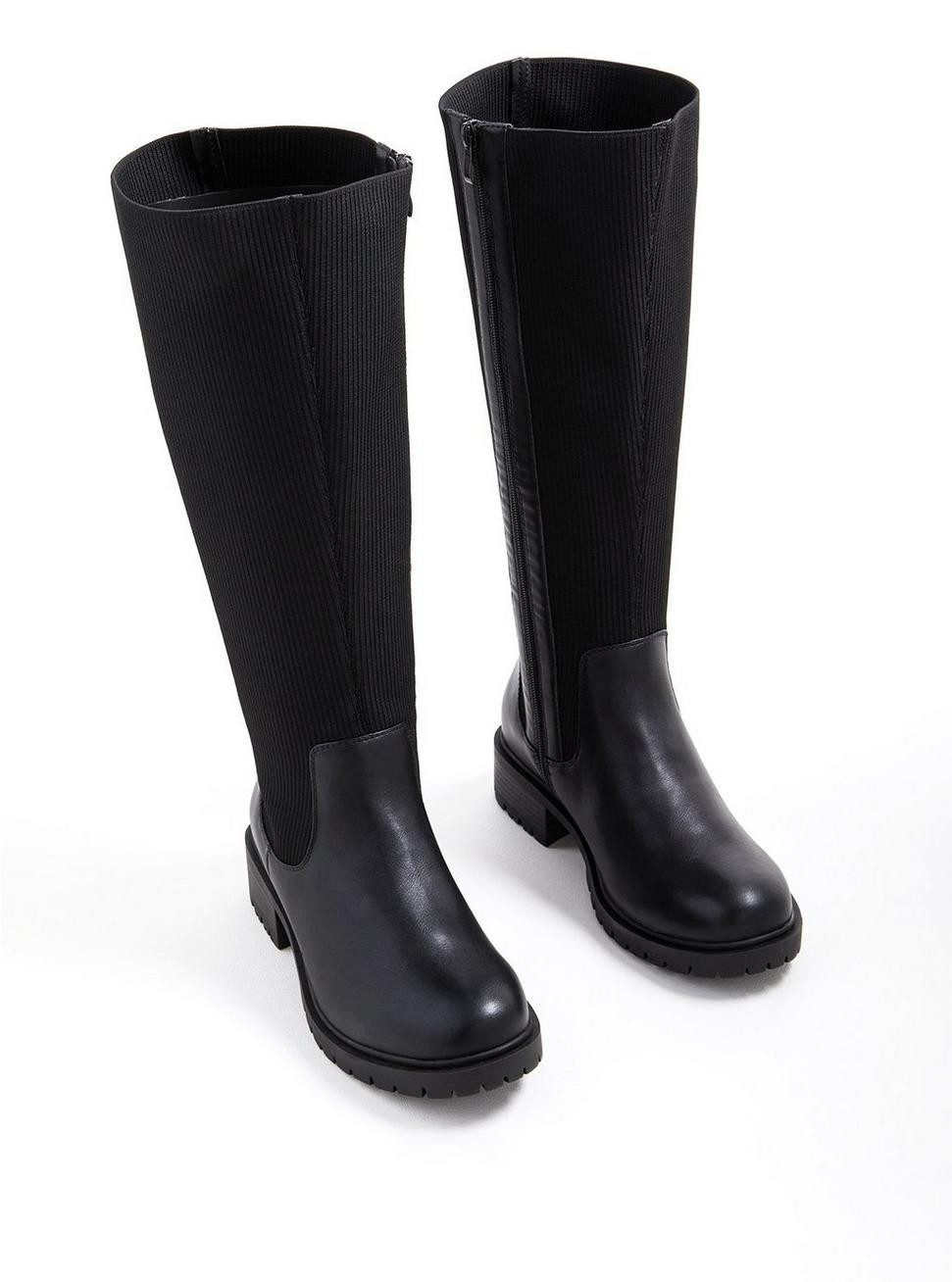 Stretch Ribbed Knee Boot - Black Faux Leather (WW) | Torrid (US & Canada)