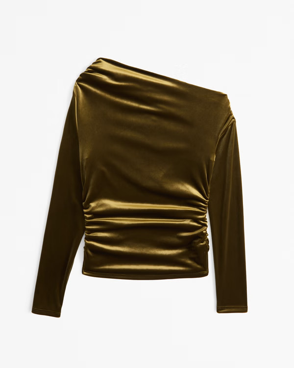 Long-Sleeve Velvet Asymmetrical Draped Top | Abercrombie & Fitch (US)