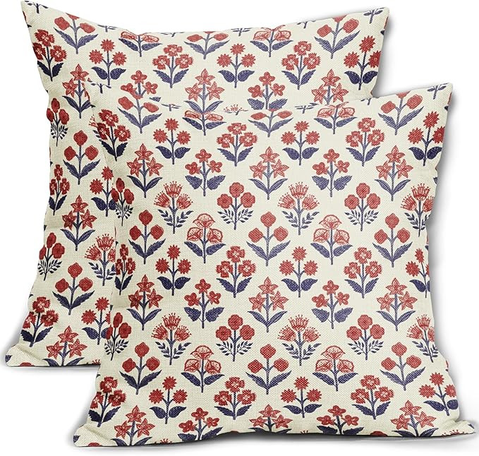 4th of July Patriotic Floral Block Print Pillow Covers 20x20 Inch Set of 2, Navy Blue Red Vintage... | Amazon (US)