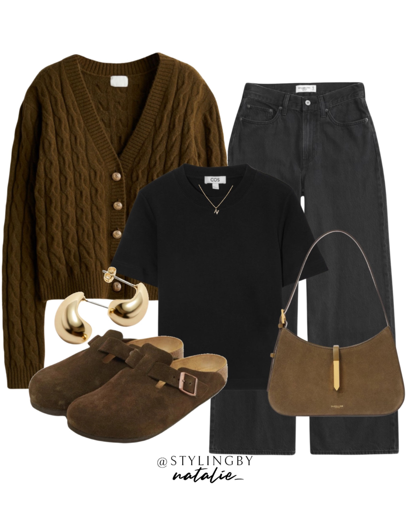 Cable knit cardigan, black T-shirt, black wide leg jeans, Birkenstock Boston clogs, suede Demellier handbag, gold jewellery. Autumn outfit, knitwear, fall look

#LTKeurope #LTKstyletip #LTKautumn