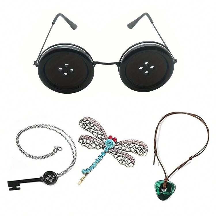 4 PIEZAS Accesorios Para Disfraz De Cosplay De Anime Con Llavero Con Gafas Con Botones, Para Halloween Y Navidad | SHEIN