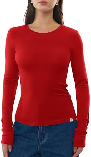 Women's Merino Wool Blend Shirts Long Sleeve Tops Crew Neck Fitted Basic Tee Cozy Embrace Collect... | Amazon (US)