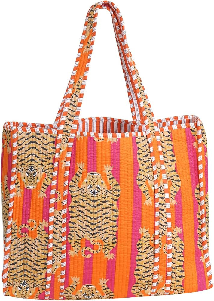 Cotton Tiger Block Print Tote Bag, Indian Handmade Shopping Shoulder Bag, Unisex Market Daily Use | Amazon (US)