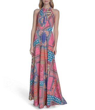 Eliza J Crepe Scarf Print Halter Neck Sleeveless Sheath Maxi Dress | Dillard's | Dillard's