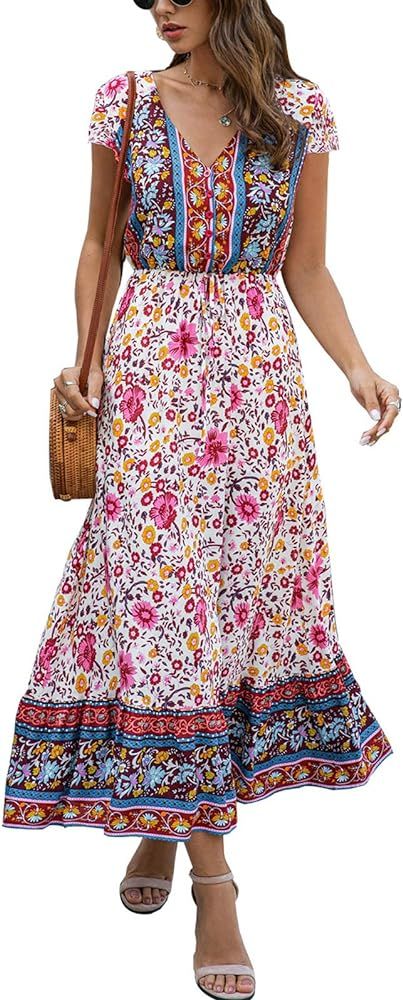 Women's Dresses Summer Floral Print Button Up Casual Beach High Waist V Neck Maxi Dress | Amazon (US)