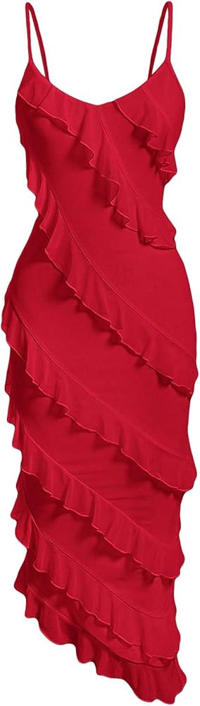 MakeMeChic Women's Elegant V Neck Ruffle Trim Cocktail Dress Spaghetti Strap Asymmetrical Hem Mid... | Amazon (US)