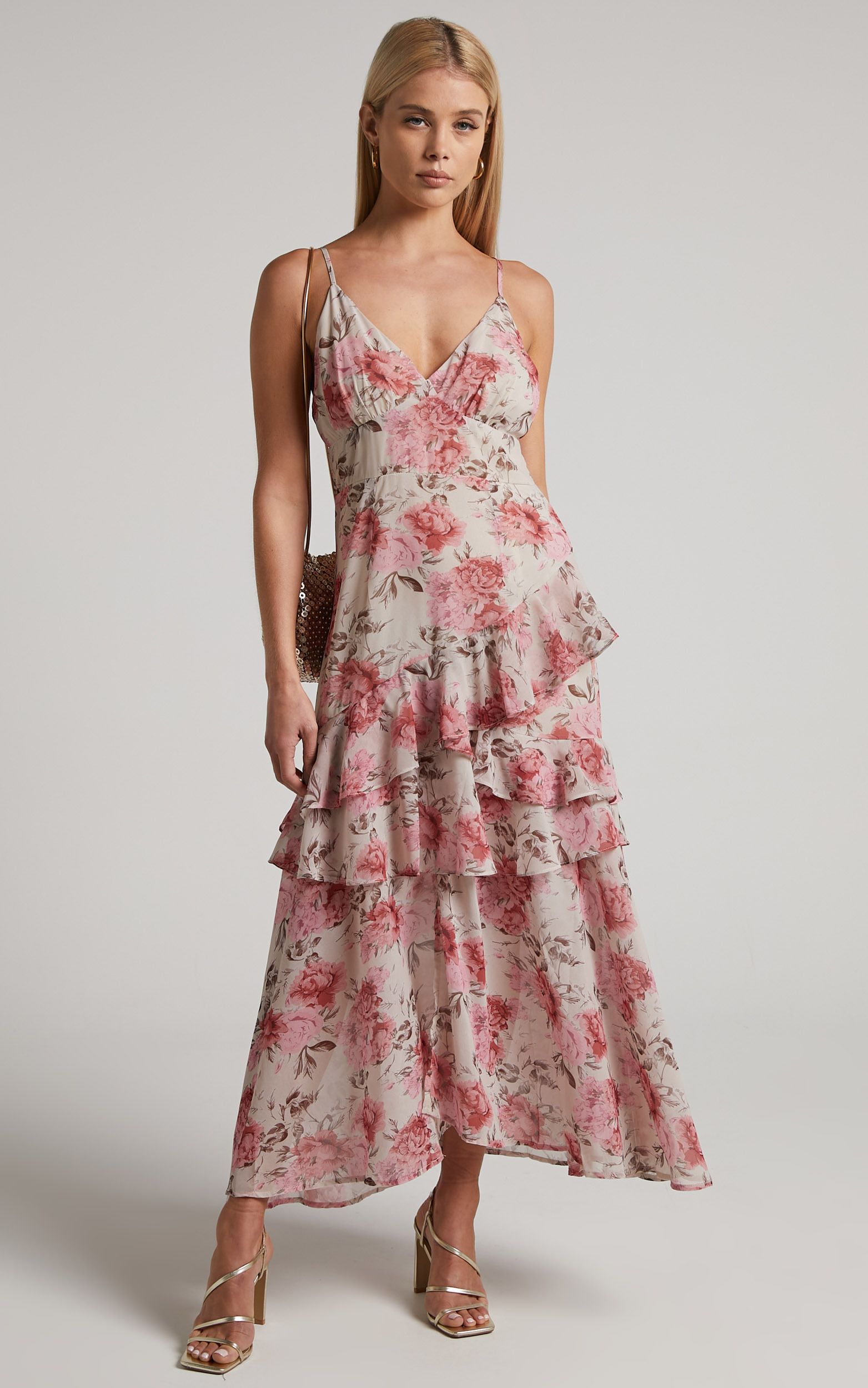 Caliope Maxi Dress - V Neck Tiered Ruffle Dress in Pink Floral | Showpo (US, UK & Europe)