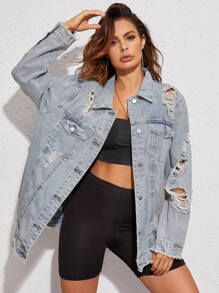 Light Wash Raw Hem Ripped Longline Denim Jacket | SHEIN