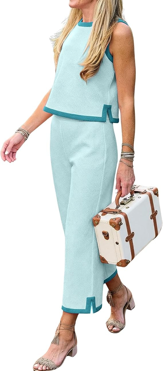 Hooever Womens Two Piece Sets Color Block Cropped Tank Top and Pants Set with Pockets Summer (Blu... | Amazon (US)