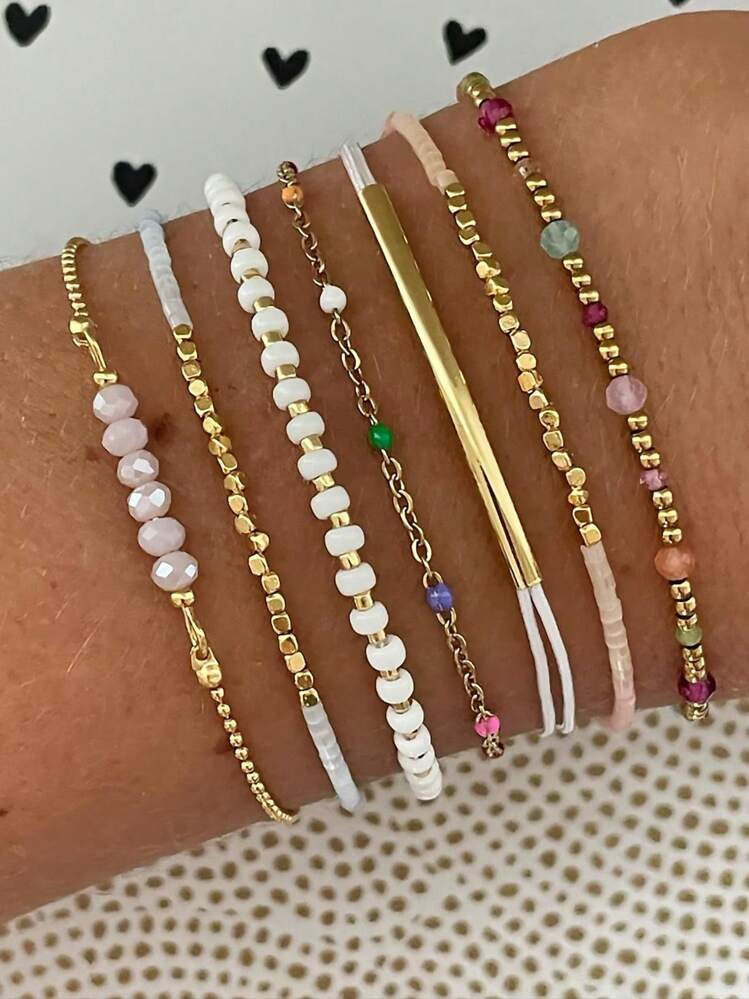 7pcs/Pack CCB Bead Bracelet, Simple & Fashionable Personalized Beach Style Colorful Drip Oil Chai... | SHEIN
