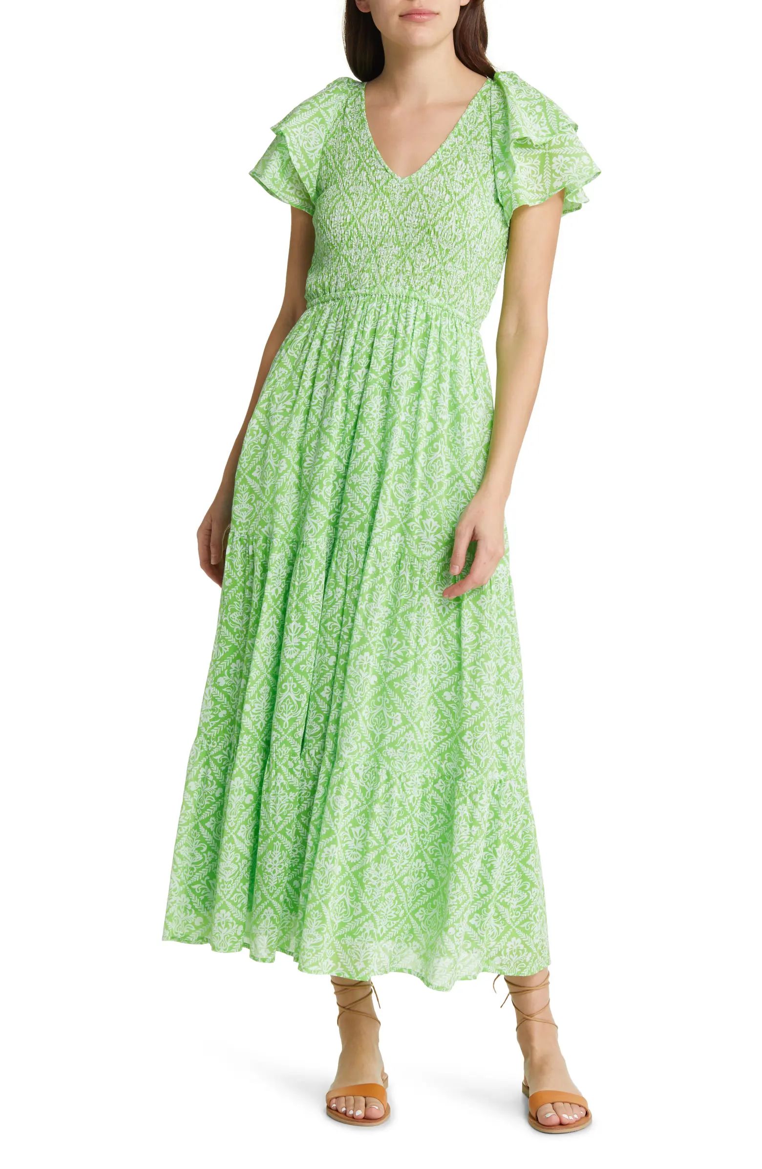 Ira Print Flutter Sleeve Organic Cotton Maxi Dress | Nordstrom