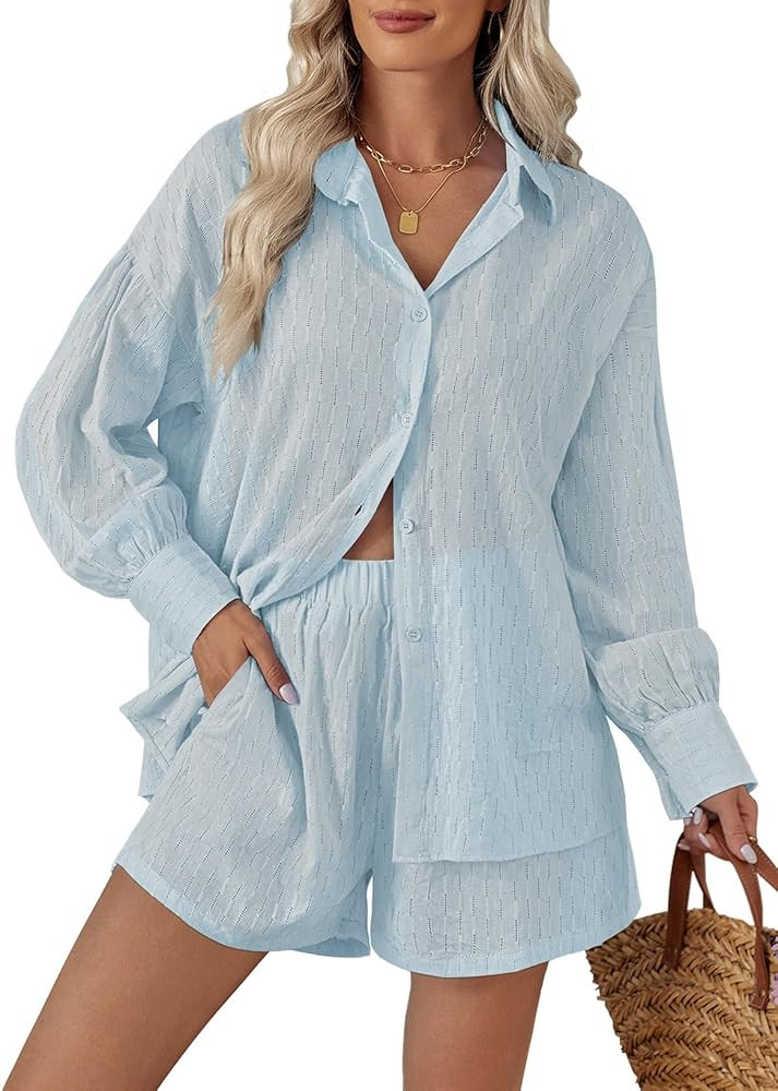 Fixmatti 2 Piece Outfits Long Sleeve Button Down Shirt and Shorts Sweatsuit Lounge Sets | Amazon (US)