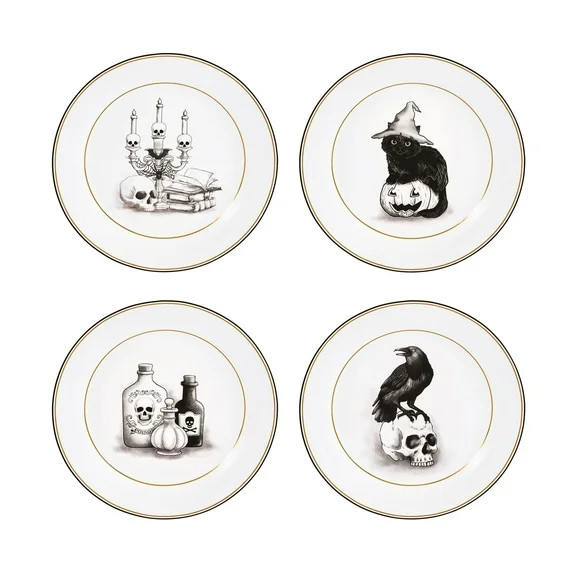 Bico Golden Vintage Halloween Black and White Ceramic 8.75 inch Salad Plates, Set of 4, Microwave... | Walmart (US)