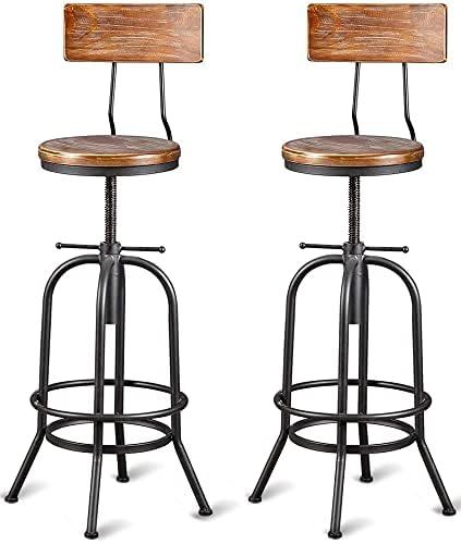 Set of 2-Industrial Bar Stools with Backrest-Swivel Wood Seat-Bar Counter Height Adjustable 26-32... | Amazon (US)