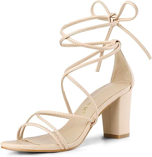 Allegra K Women's Strappy Straps Lace Up Chunky Heel Sandals | Amazon (US)