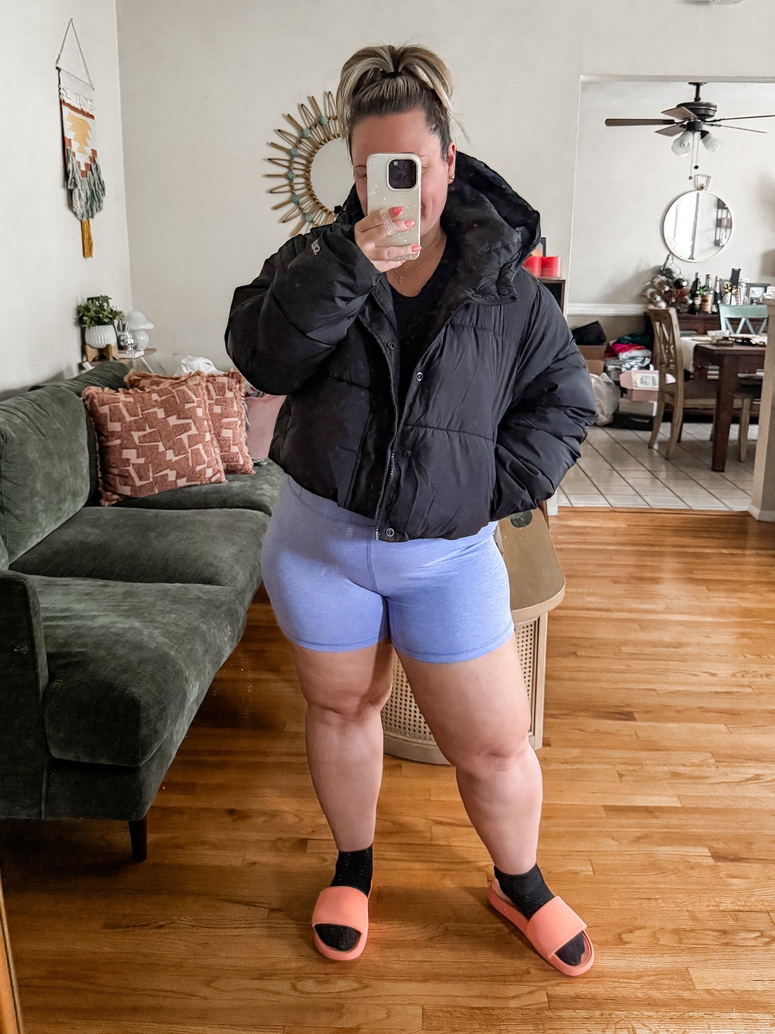 Midsize active wear outfit 
Free People Movement shorts size XL- they are soft but they do roll on the thighs just fyi. 
Long sleeve top size LARGE 
Sports bra size XL 
Jacket is size XL 
Sandals run tts 

#LTKMidsize #LTKPetite #LTKActive