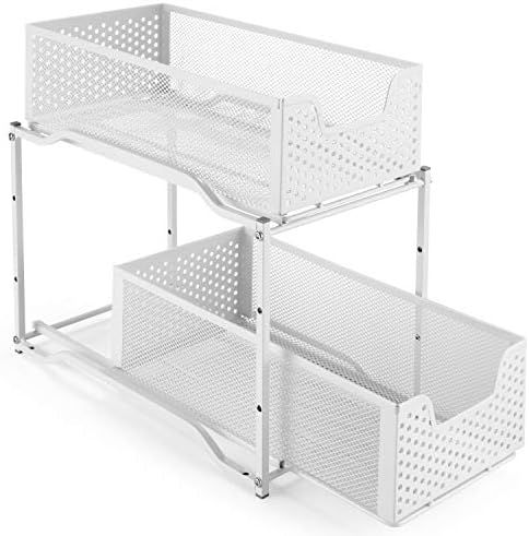 Simple Trending Stackable 2-Tier Under Sink Cabinet Organizer with Sliding Storage Drawer, White | Amazon (US)