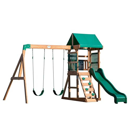 Backyard Discovery Buckley Hill Cedar Wood Swing Set with Wave Slide, Play Deck, Rock Wall Ladder, Belt Swings, Chalkboard, Canopy Roof, Outdoor Playset | Amazon (US)
