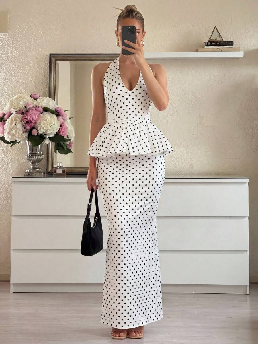 Lumalex White With Black Polka Dots Summer Elegant Tea Party Women's 2 Pieces Set V-Neck Halter P... | SHEIN