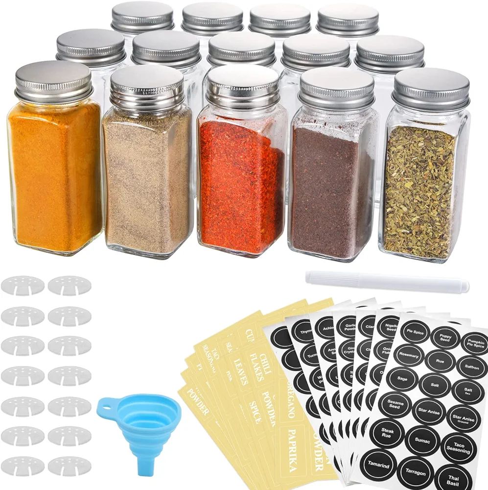 AOZITA 14 Pcs Glass Spice Jars with Spice Labels - 4oz Empty Square Spice Bottles - Shaker Lids a... | Amazon (US)