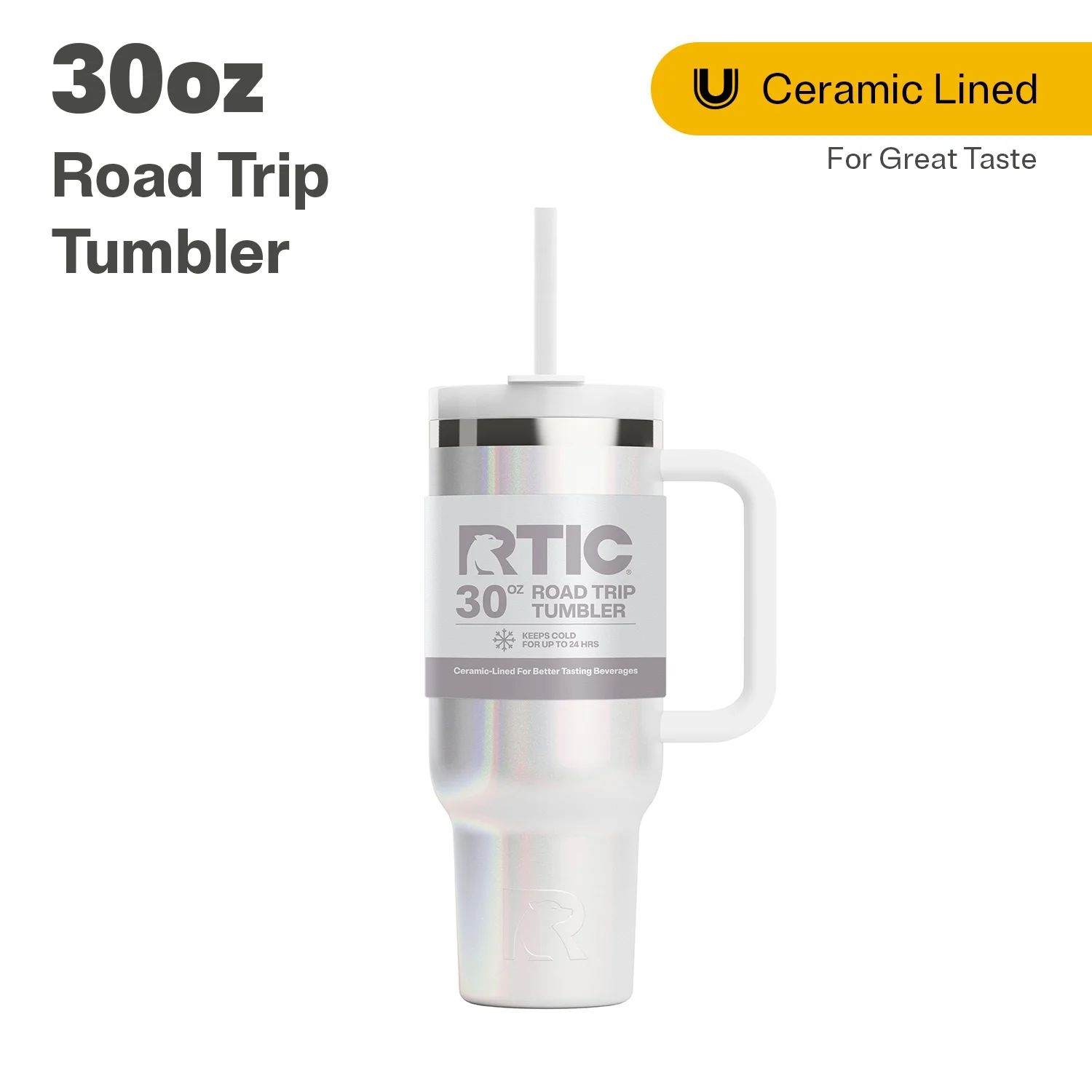 RTIC 30 oz Ceramic Lined Road Trip Tumbler, Leak-Resistant Straw Lid, White Glitter | Walmart (US)