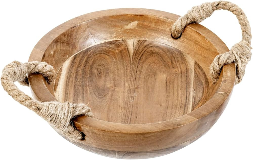 MyGift 9.6 Inch Handmade Solid Acacia Wood Fruit Bowl with Rustic Rope Handles, Decorative Round ... | Amazon (CA)