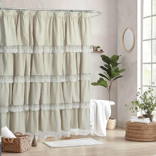 Homechoice Decor Handmade Ruffle Shower Curtain with Scalloped Lace Trim & Attached Valance, 72" x 72" Soft Microfiber Shower Curtains for Bathroom, Easy to Install and Machine Washable, Camel | Amazon (US)