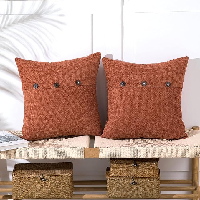 Anickal Burnt Orange Pillow Covers 18x18 Inch with Triple Buttons Set of 2 Chenille Rustic Farmho... | Amazon (US)