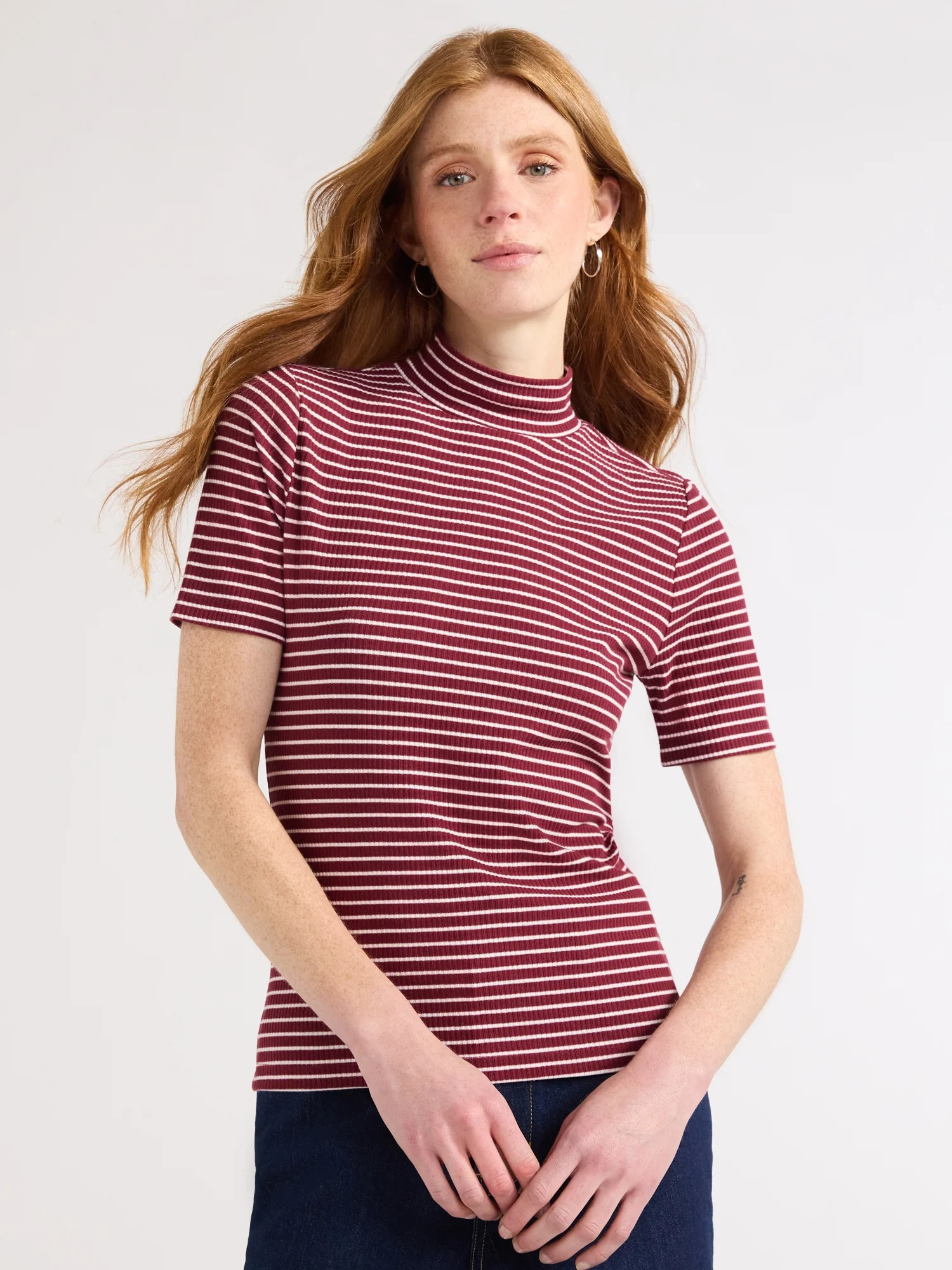 Free Assembly Women's Ribbed Mock Neck Top with Short Sleeves, Sizes XS-XXL | Walmart (US)