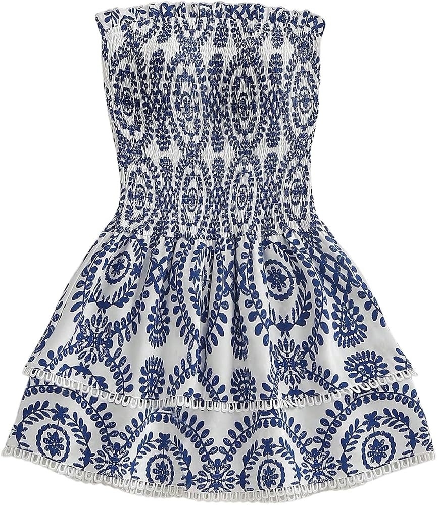 MakeMeChic Women's Summer Ruffle Dress Strapless Mini Dress Shirred Beach Vacation Dresses | Amazon (US)
