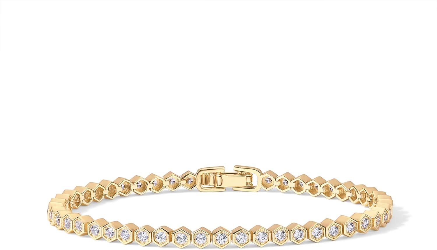 PAVOI 14K Gold Plated 2mm Cubic Zirconia Honeycomb Tennis Bracelet | Gold Bracelet for Women | Si... | Amazon (US)