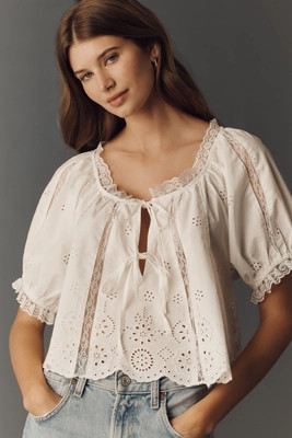 By Anthropologie Embroidered Puff-Sleeve Swing Top | Anthropologie (UK)