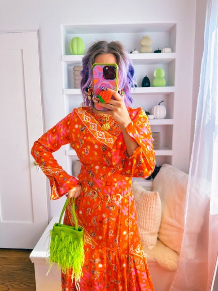 Fall transitional outfit 🍂🌸

Champagne wears a multicolored orange red and yellow gold maxi dress from Never Fully Dressed, green leather boots and neon like green feather rhinestone purse bag, gold shell necklace and jeweled earrings.

Dopamine dressing colorful vibrant eclectic maximalist maximalism rainbow multicolored colored hair style fashion inspo color fall Halloween witch costume #LTKHalloween 

#LTKstyletip #LTKSeasonal