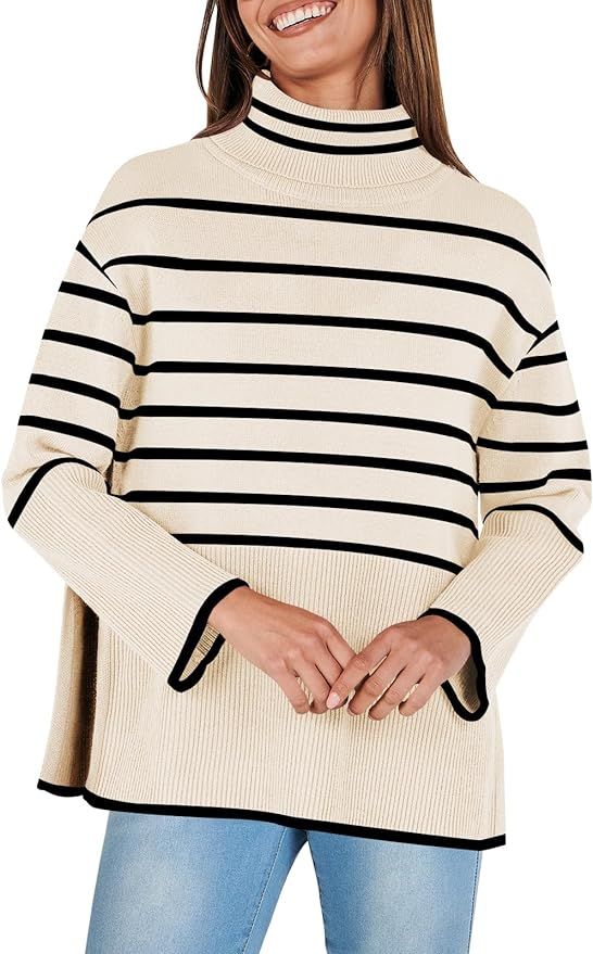 ANRABESS Women's Fall 2023 Oversized Turtleneck Striped Trendy Sweaters Ribbed Knit Pullover Swea... | Amazon (US)