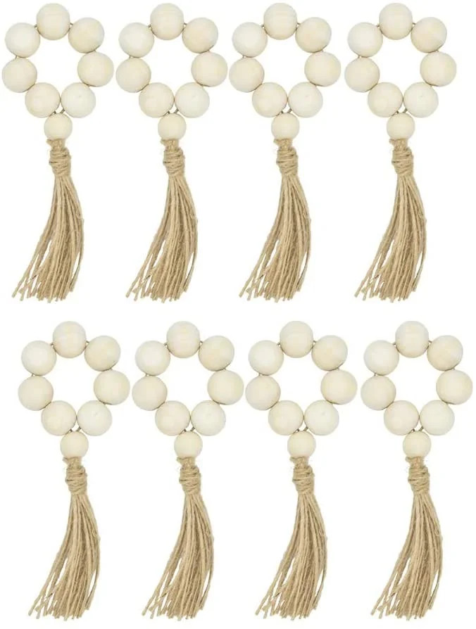Visland 8PCS Wood Bead Napkin Rings with Tassels Rustic Farmhouse Wood Beads Garland Wall Hanging... | Walmart (US)