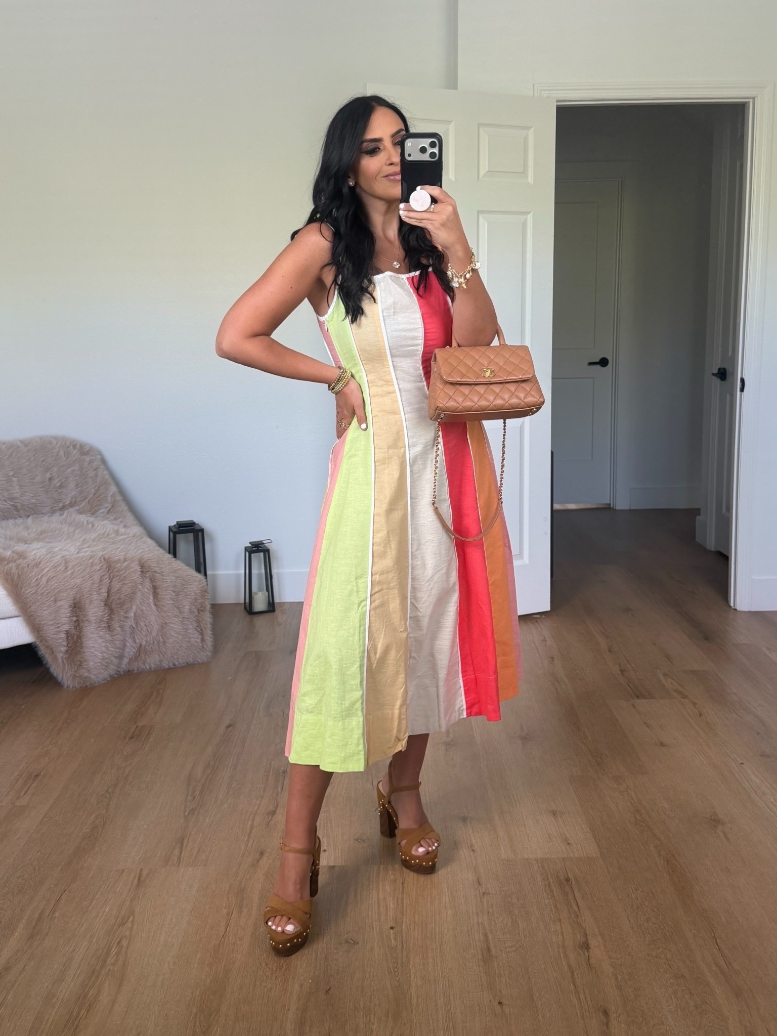 Vici Bright Skies Stripe Cotton & Linen Midi Dress wearing size small. 