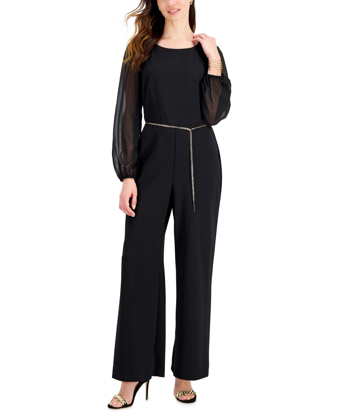Connected Chain-Belt Sheer-Sleeve Jumpsuit | Macys (US)