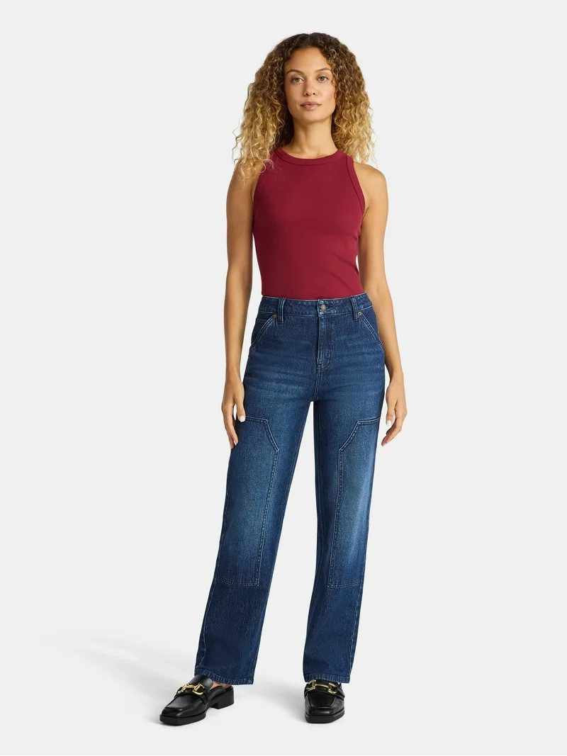 Time and Tru Women's High Rise Straight Jeans with Carpenter Details, 30" Inseam, Sizes 0-20 | Walmart (US)