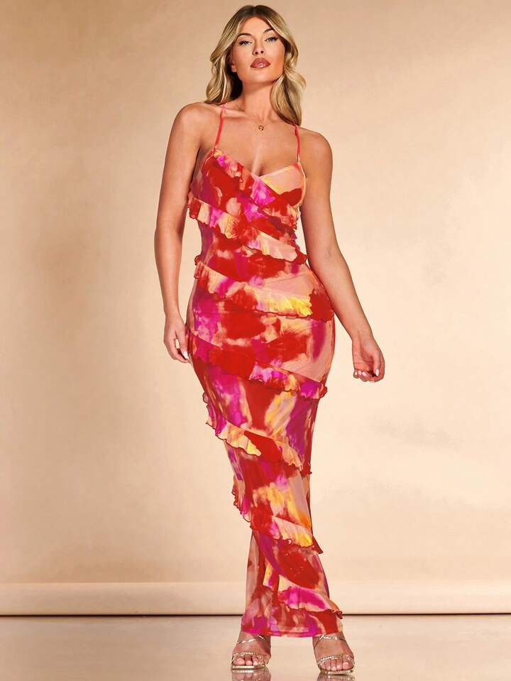 SHEIN BAE Tie Dye Ruffle Trim Crisscross Backless Ruched Side Bodycon Dress | SHEIN