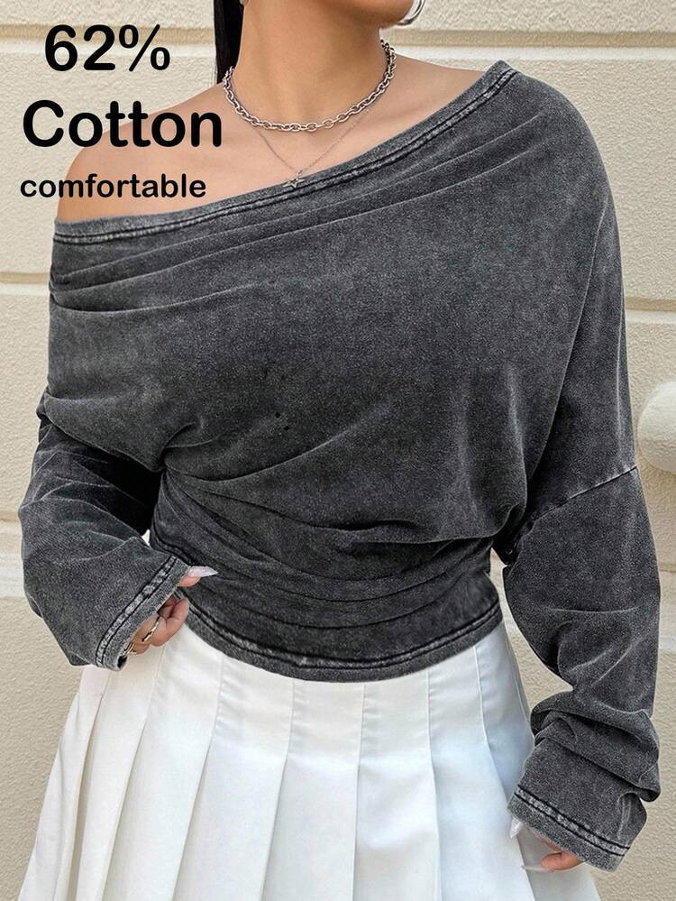 Muchica Plus Size Casual Asymmetric Collar Long Sleeve T-Shirts Women Long Sleeve Tops Denim Sets For Women Comfy Sets Women Clothing Woman/Fall/Winter Cotton Women Clothing Off The Shoulder Long Sleeve,Autumn,Christmas,New Year,Thanksgiving,Party,Wedding,Beach,Elegant,Casual,Going Out,Date,Appointment,Commute | SHEIN